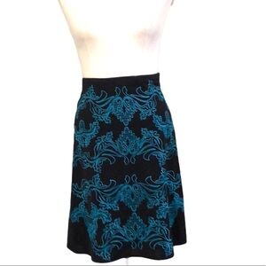 Etcetera Black Teal Embroidered A-Line Midi Skirt Size 2